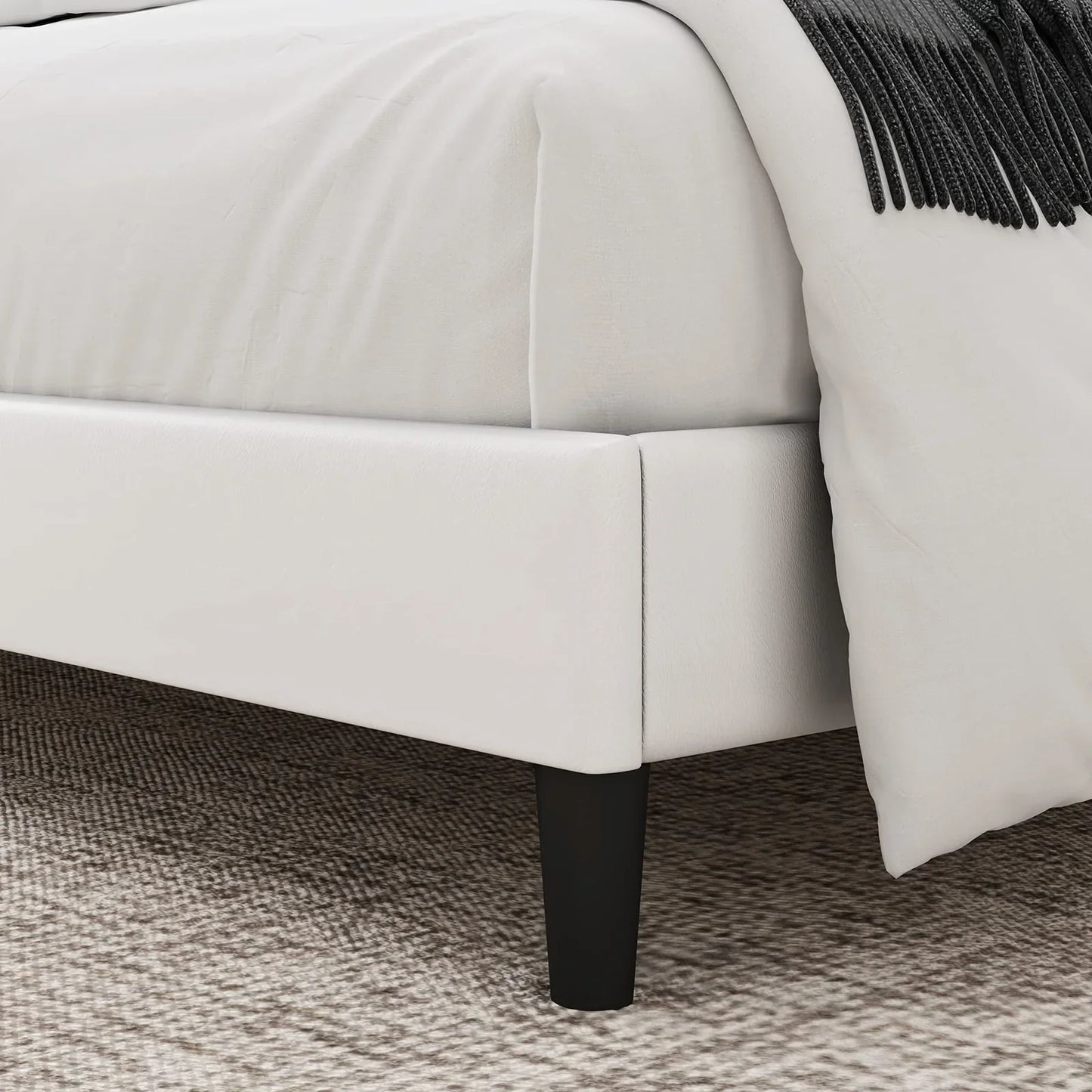 Full Bed Frame, White Faux Leather Upholstered Button Tufted Low Profile Platform Bed Frame with Adjustable Headboard for Bedroom