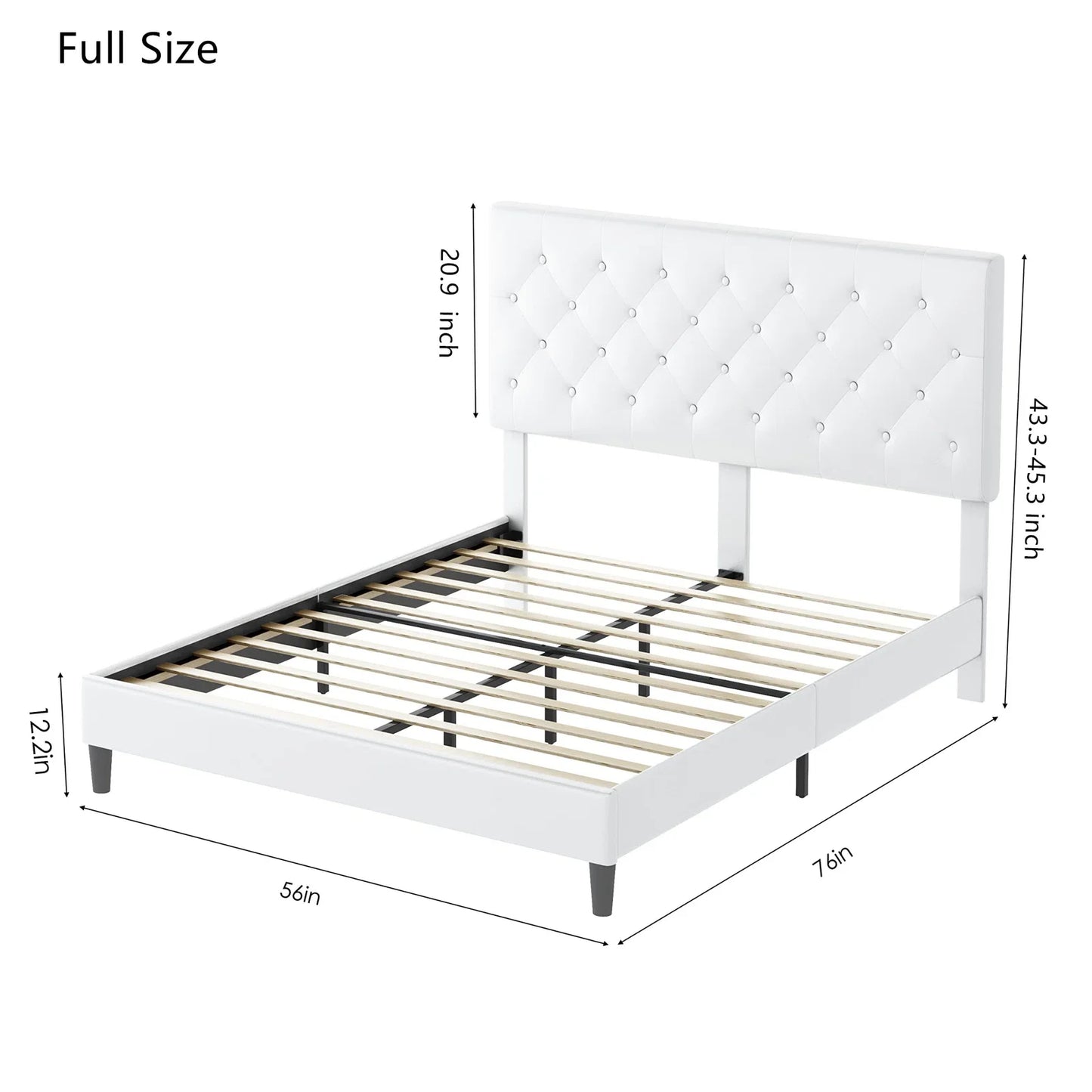 Full Bed Frame, White Faux Leather Upholstered Button Tufted Low Profile Platform Bed Frame with Adjustable Headboard for Bedroom