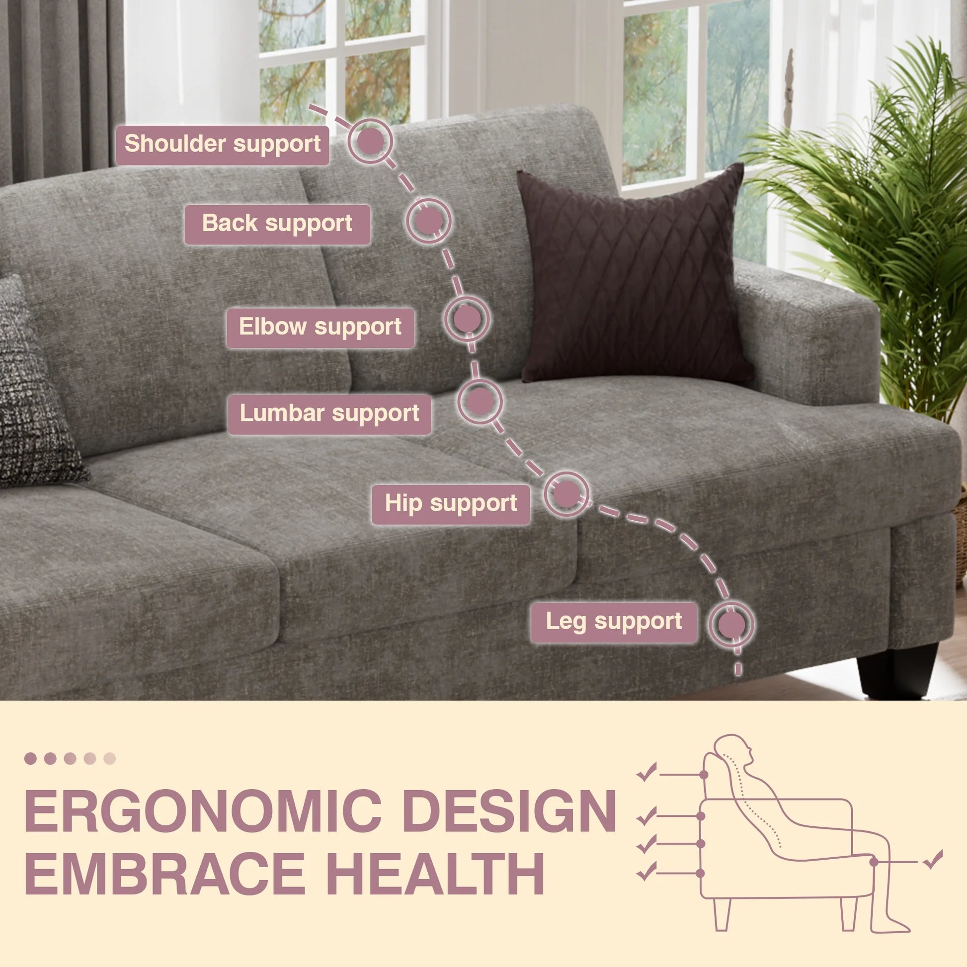 Comfy Sofa Couch, Upholstered Deep 3 Seats Sofa for Living Room, Chenille Fabric Sofa Couch with Reovable Cover, Gray