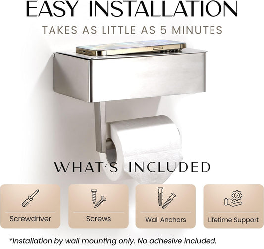 Day Moon™ Chrome Toilet Paper Holder with Shelf - Wipe Holder for Bathroom, Flushable Wipes Dispenser, Toilet Paper and Wipes Holder
