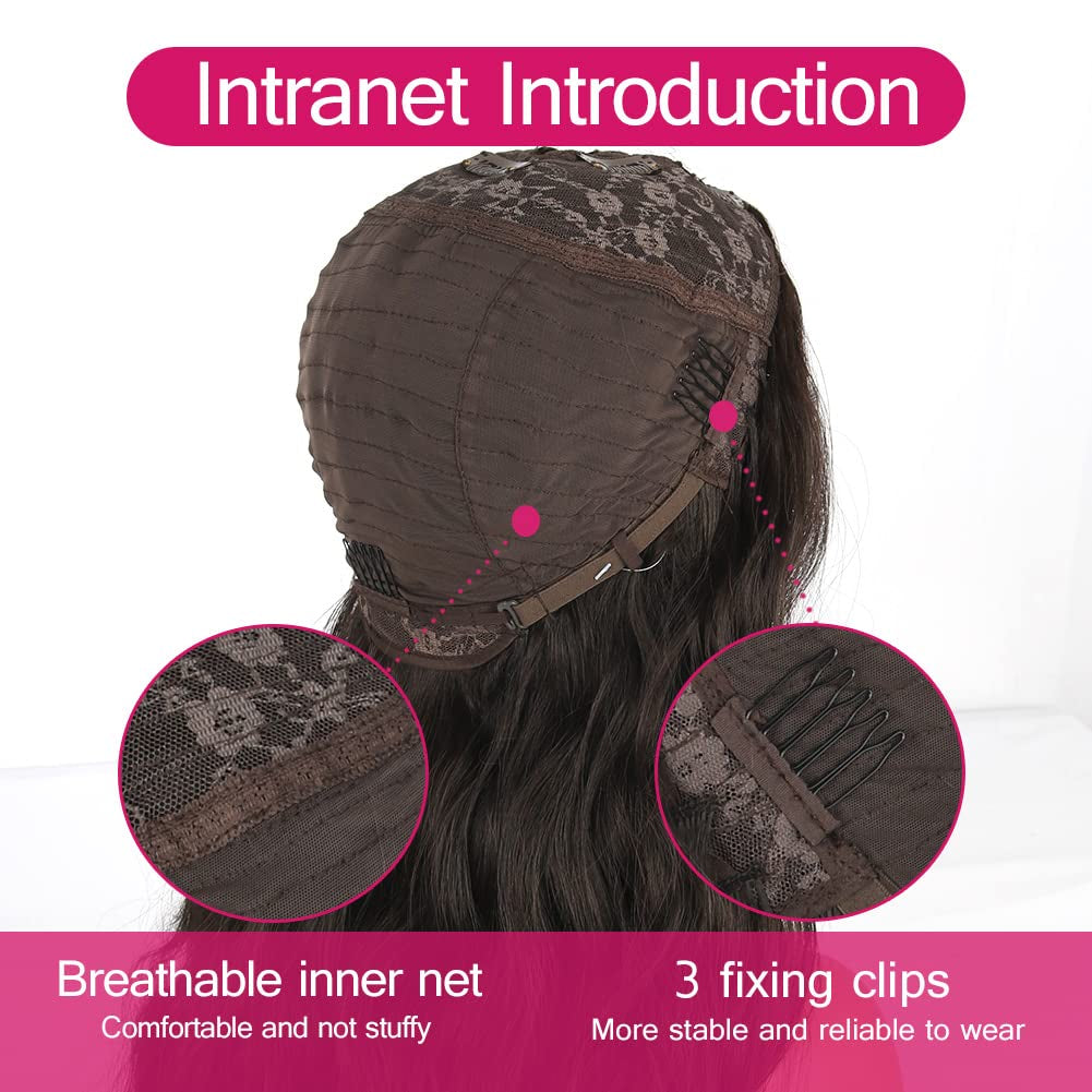 Chocolate Brown Body Wave V Part Wig Upgrade U Part Synthetic Wigs for Black Women, 24Inch Long Wavy Brown Wig V Shape Glueless Wigs Full Head Clip in Half Wig No Leave Out(#4)