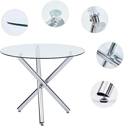 Glass round Dining Table with Clear Tempered Top - Modern Kitchen End Table for Leisure Tea and Coffee