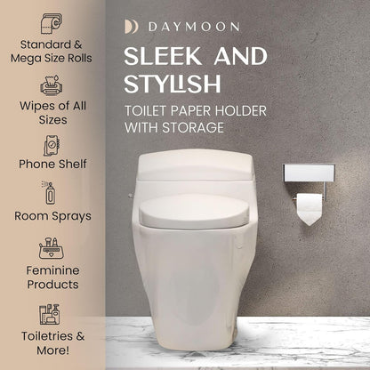 Day Moon™ Chrome Toilet Paper Holder with Shelf - Wipe Holder for Bathroom, Flushable Wipes Dispenser, Toilet Paper and Wipes Holder