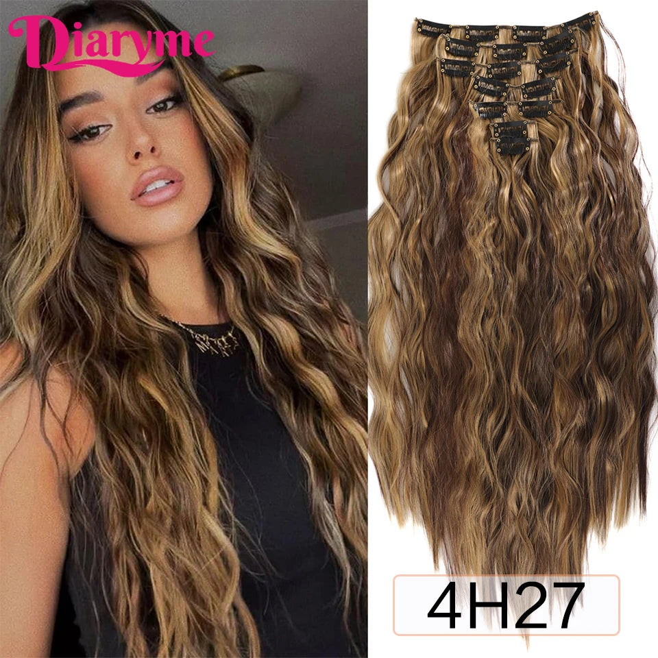 Long Waves Hair Extensions Synthetic Wig Hairpieces 7 PCS Wavy Curly Clip in Hair Extension Natural Fake Hair Piece Half Wig