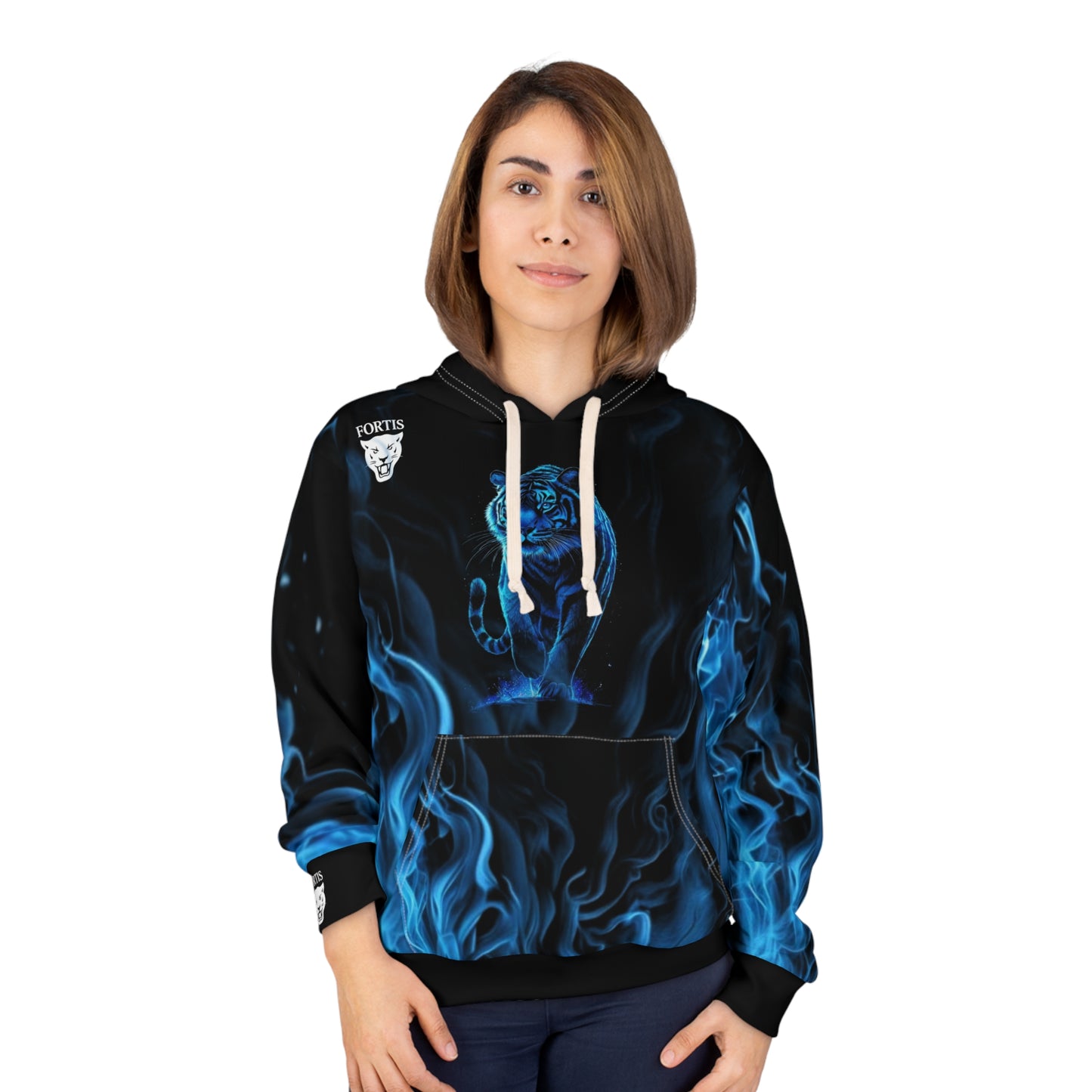 Blue Flame Panther Hoodie – Black Pullover with Neon Cat Flames