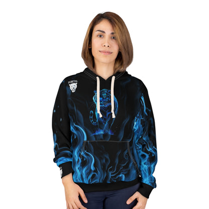 Blue Flame Panther Hoodie – Black Pullover with Neon Cat Flames