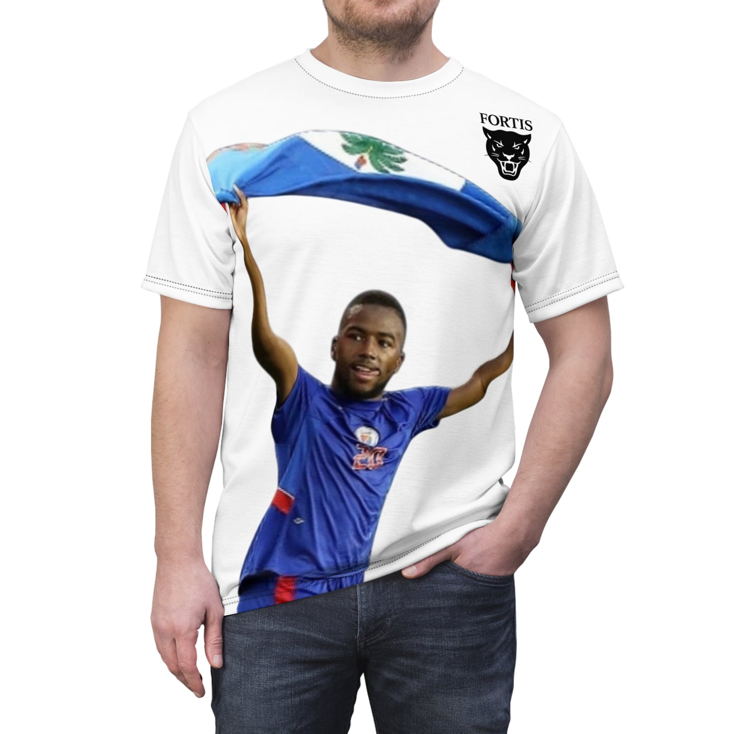 Haiti Soccer Fan Tee – Player Celebrating with Haitian Flag