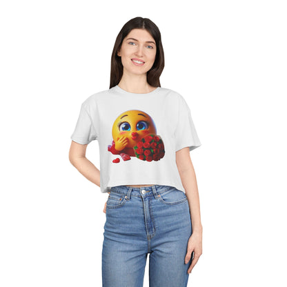 Crop Tee — Blushing Emoji Holding Bouquet Graphic