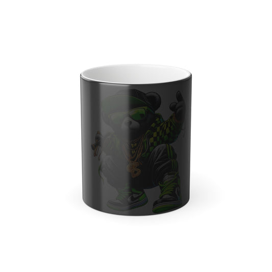 Color-Changing 11oz Mug — Hip Hop Bear Graphic (Green Streetwear)