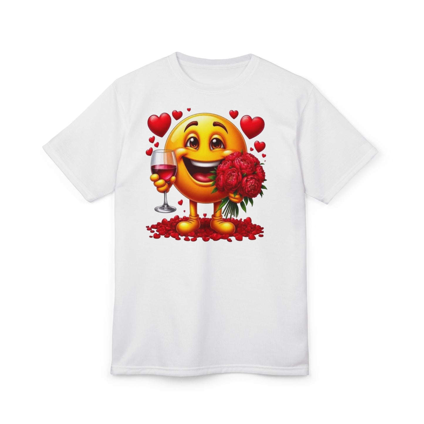 Valentine Emoji Tee — Smiling Emoji with Roses & Wine Gift T-Shirt