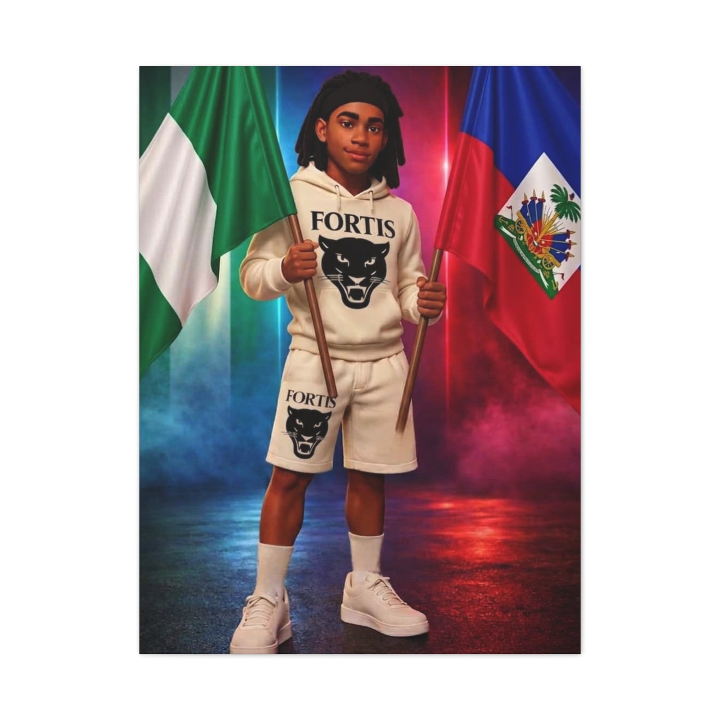Classic Canvas Portrait Print — Youth Holding Nigeria & Haiti Flags