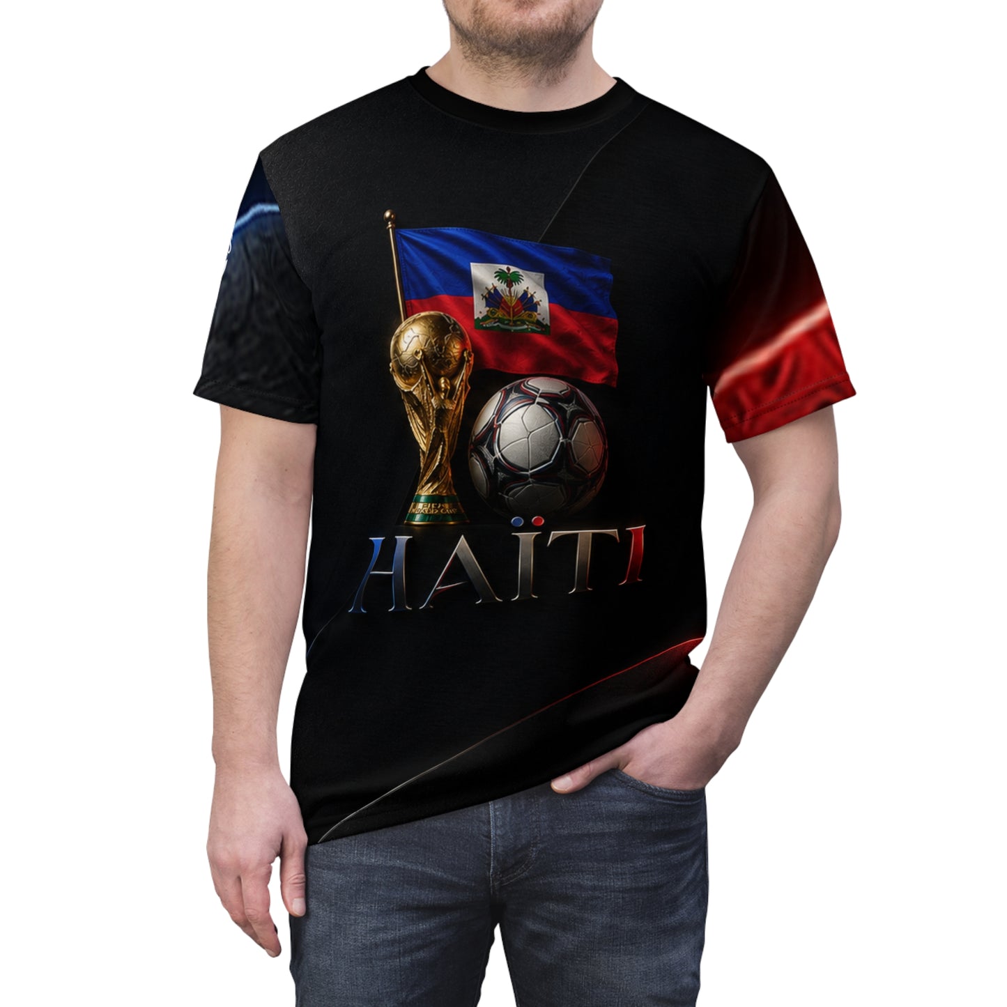 Haiti Soccer Tribute Tee — World Cup Trophy & Flag All-Over Print