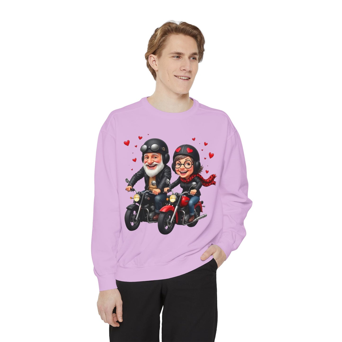 Couple Biker Sweatshirt — Cute Riding Grandparents with Hearts