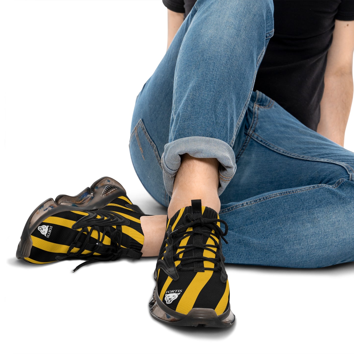 Men's Black & Yellow Striped Mesh Sneakers — Athletic Fashion Shoes with Bold Racing Stripe Design