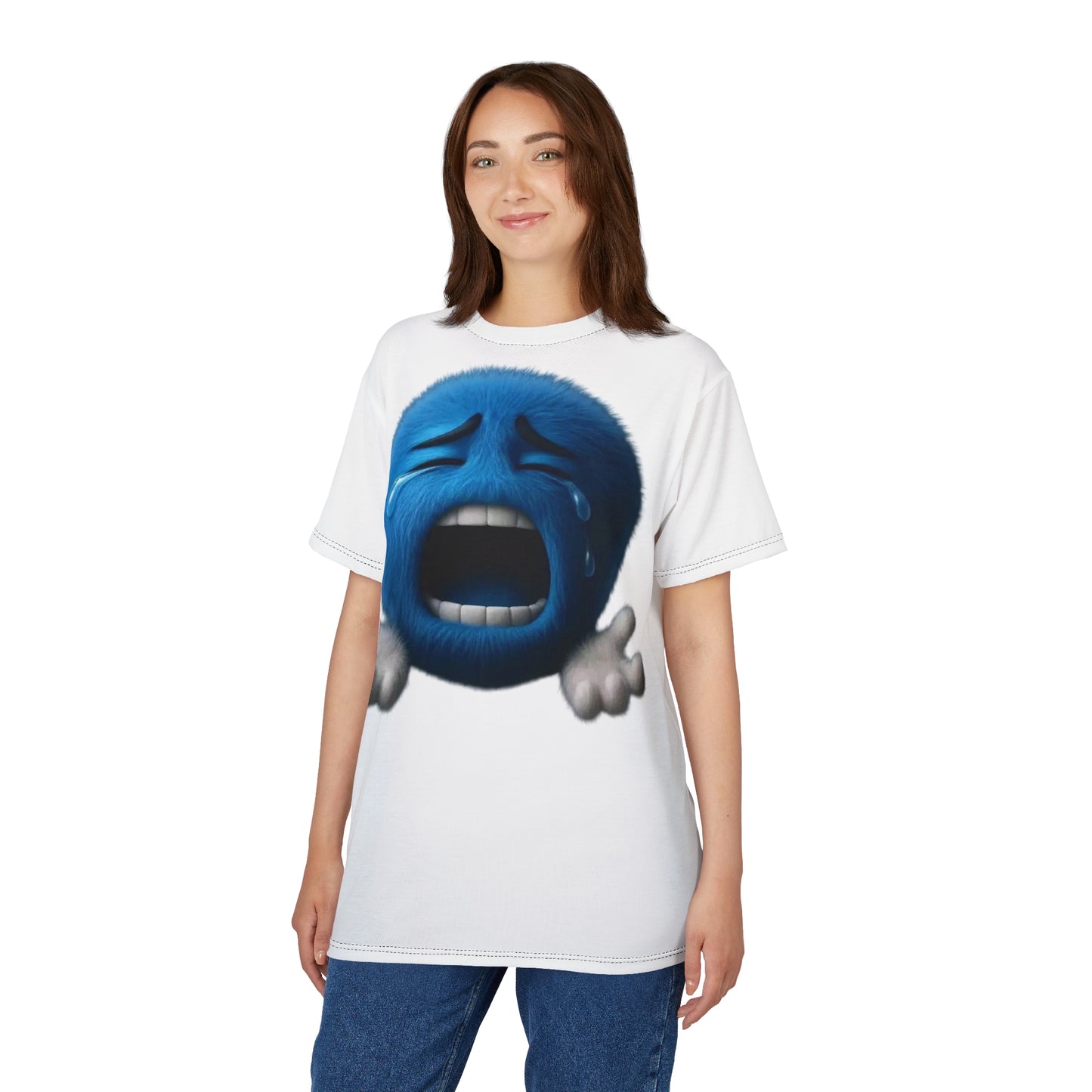 Crying Blue Fuzzy Emoji T-Shirt — Sad Face Graphic Tee