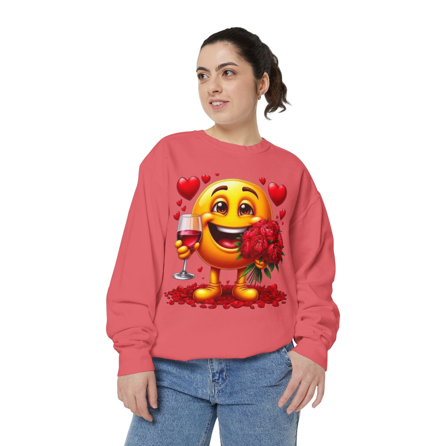 Valentine Emoji Sweatshirt — Smiley with Roses & Wine Love Crewneck