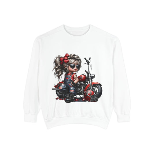 Retro Biker Girl Sweatshirt — Cute Motorcycle Crewneck