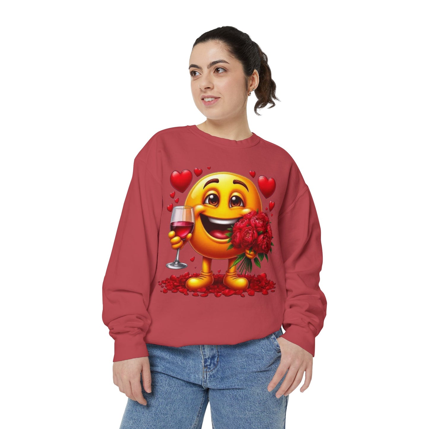 Valentine Emoji Sweatshirt — Smiley with Roses & Wine Love Crewneck