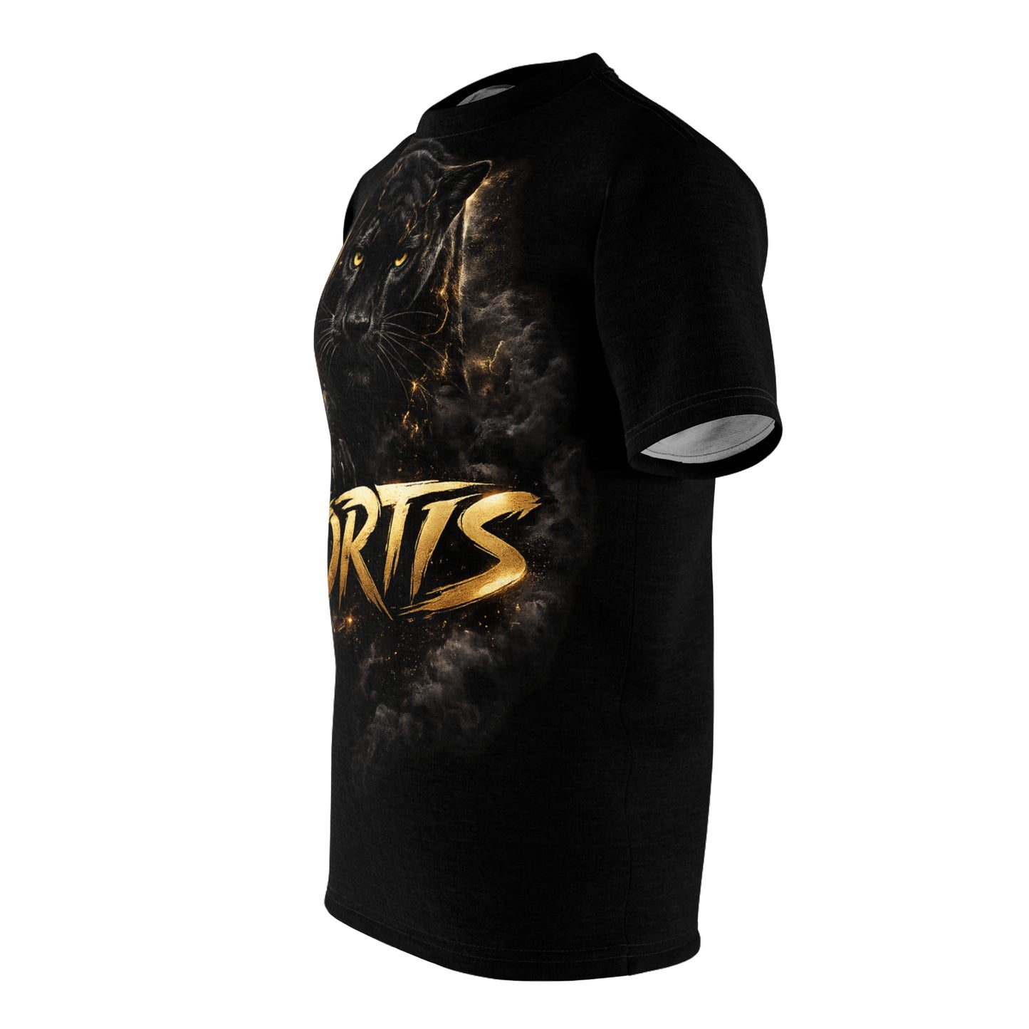 Fortis Black Panther Graphic Tee — Bold Gold Lettering All-Over Print