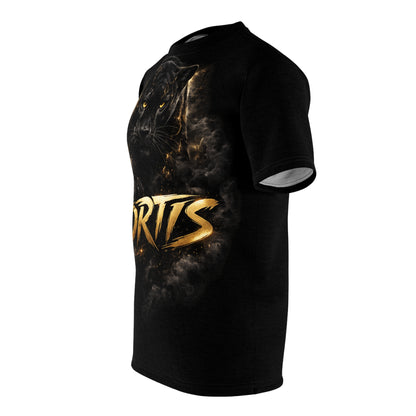 Fortis Black Panther Graphic Tee — Bold Gold Lettering All-Over Print