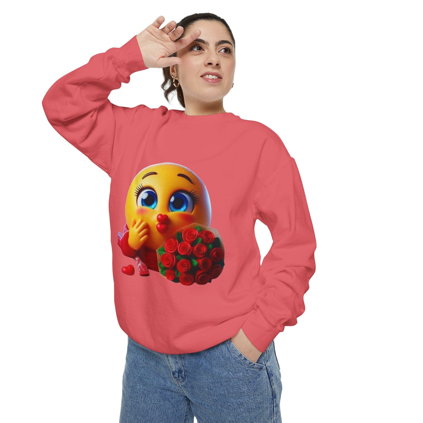 Kissing Emoji with Roses Sweatshirt — Cute Valentine’s Bouquet Graphic Sweatshirt