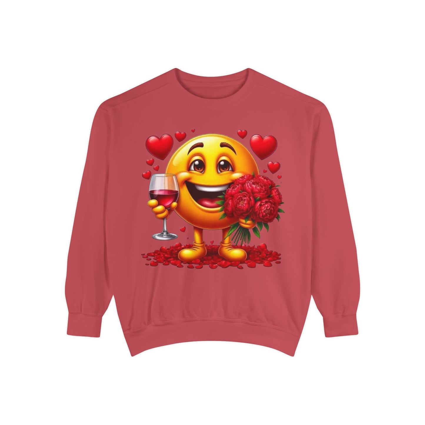 Valentine Emoji Sweatshirt — Smiley with Roses & Wine Love Crewneck