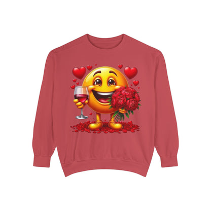 Valentine Emoji Sweatshirt — Smiley with Roses & Wine Love Crewneck