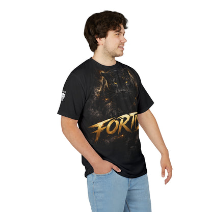 Fortis Black Panther Graphic Tee — Bold Gold Lettering All-Over Print