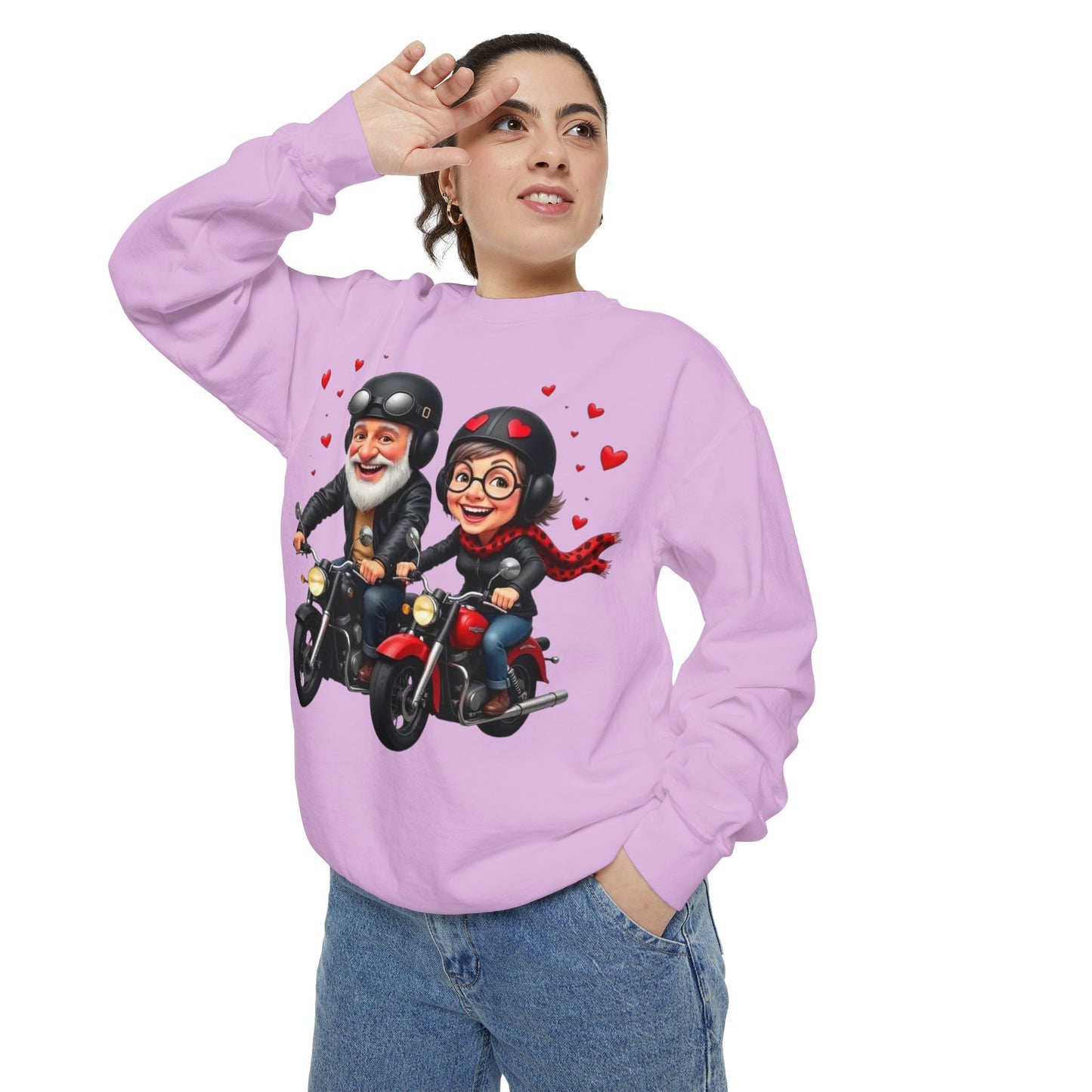Couple Biker Sweatshirt — Cute Riding Grandparents with Hearts