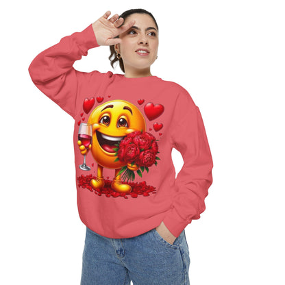 Valentine Emoji Sweatshirt — Smiley with Roses & Wine Love Crewneck