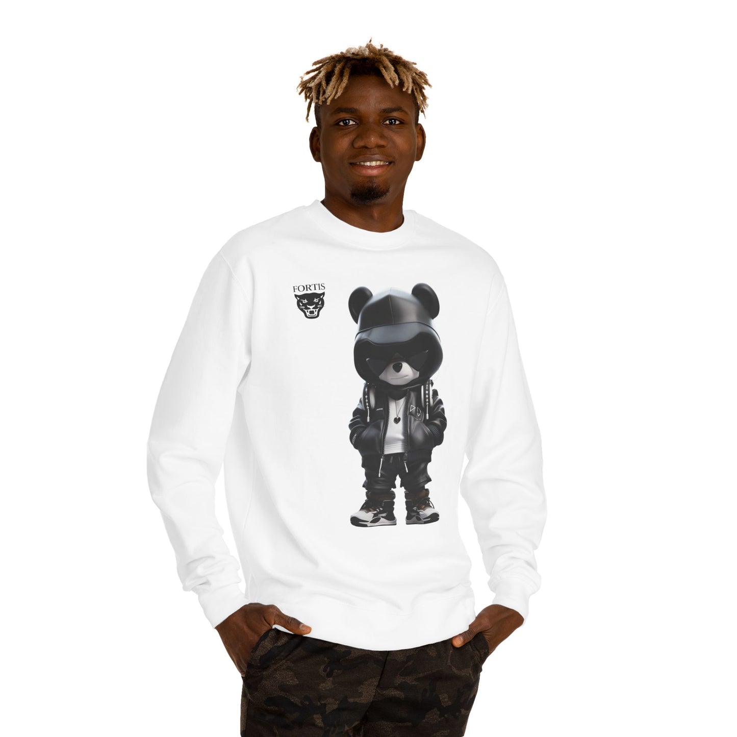 Streetwear Bear Graphic Sweatshirt — Black Hoodie Bear Illustration Crewneck