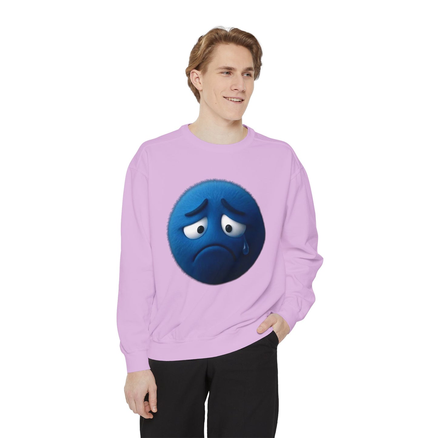 Sad Blue Emoji Sweatshirt – Cute Tear Drop Face Graphic Crewneck