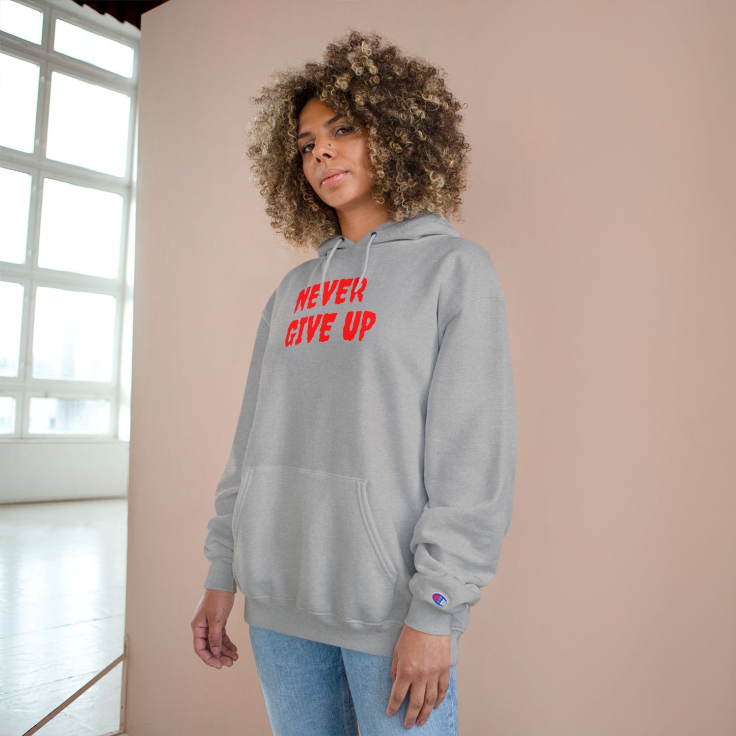 Never Give Up Hoodie – Motivational White Champion Hoodie