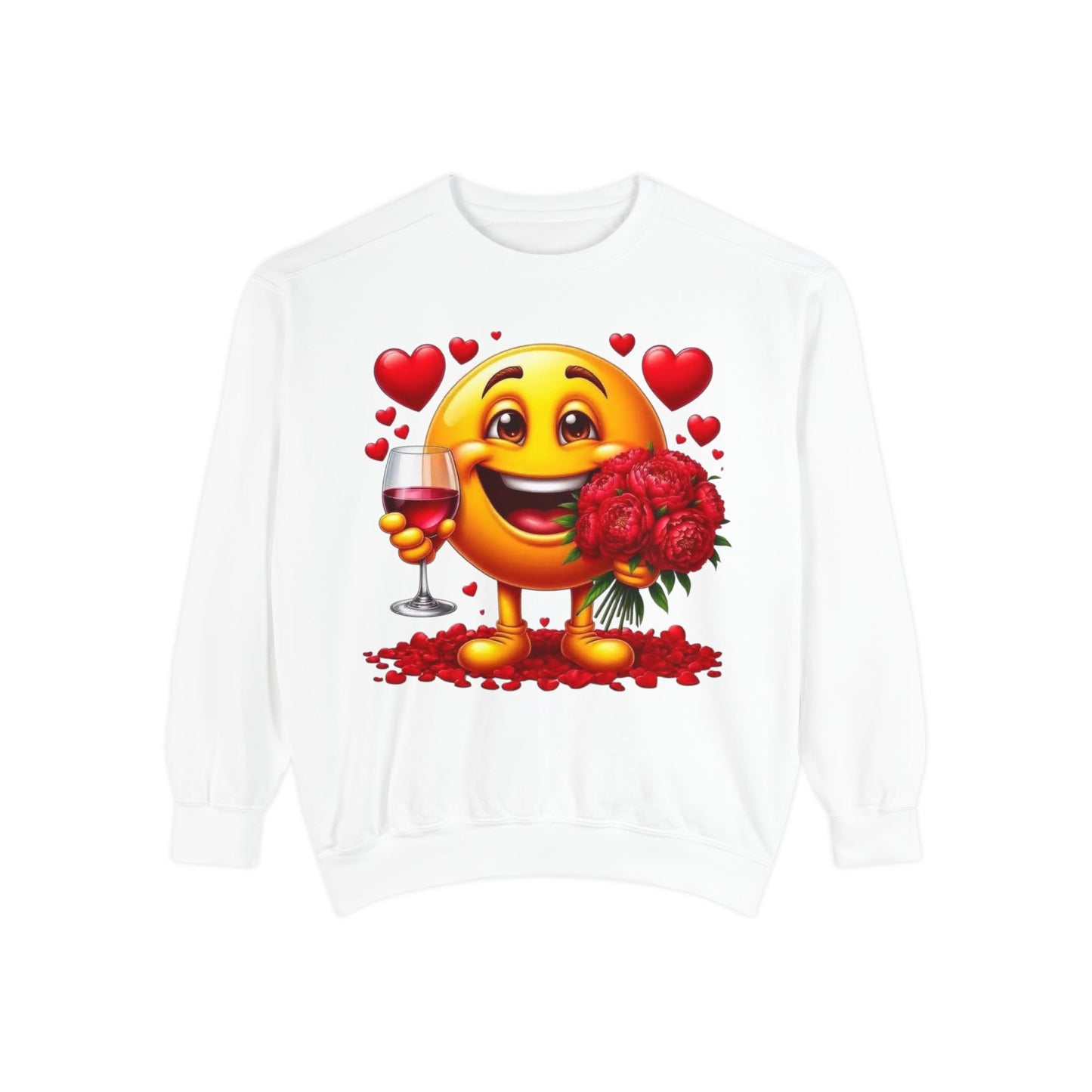 Valentine Emoji Sweatshirt — Smiley with Roses & Wine Love Crewneck
