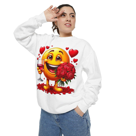 Valentine Emoji Sweatshirt — Smiley with Roses & Wine Love Crewneck
