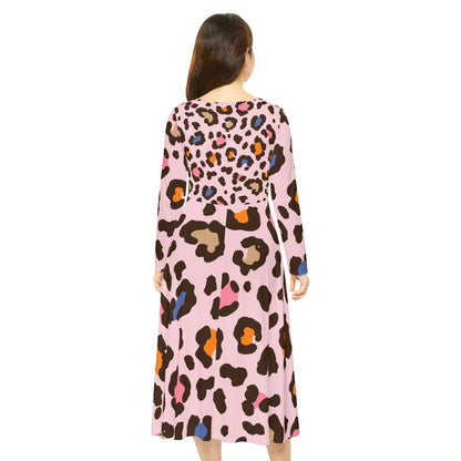 Pink Leopard Print Long Sleeve Dance Dress — Women's AOP Swing Skater Dress
