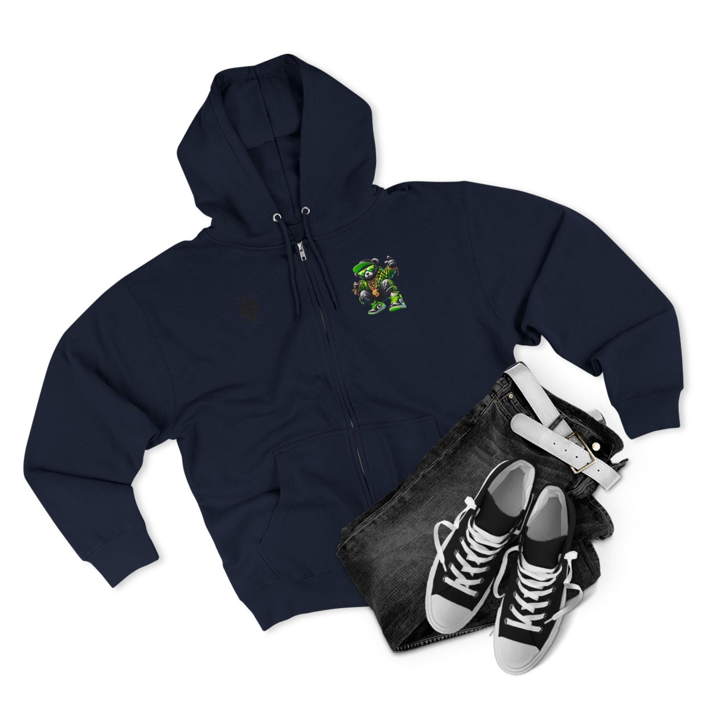 Streetwear Bear Zip Hoodie — Green Urban Teddy Graphic Zip-Up