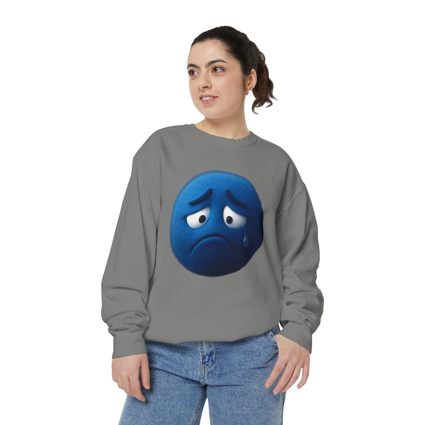 Sad Blue Emoji Sweatshirt – Cute Tear Drop Face Graphic Crewneck