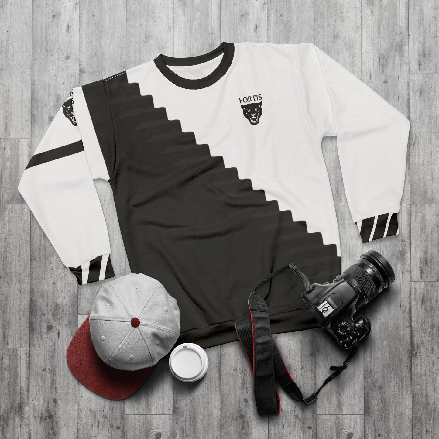 Black & White Diagonal Stair Sweatshirt — Fortis Logo Crewneck