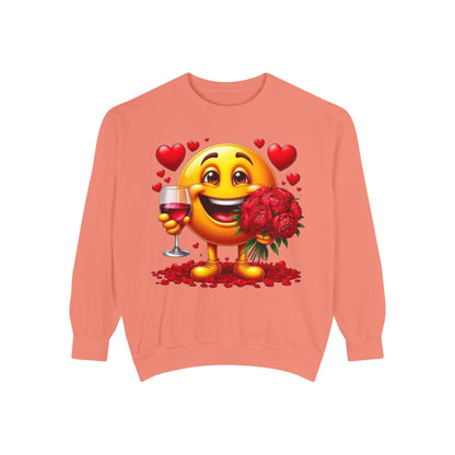 Valentine Emoji Sweatshirt — Smiley with Roses & Wine Love Crewneck