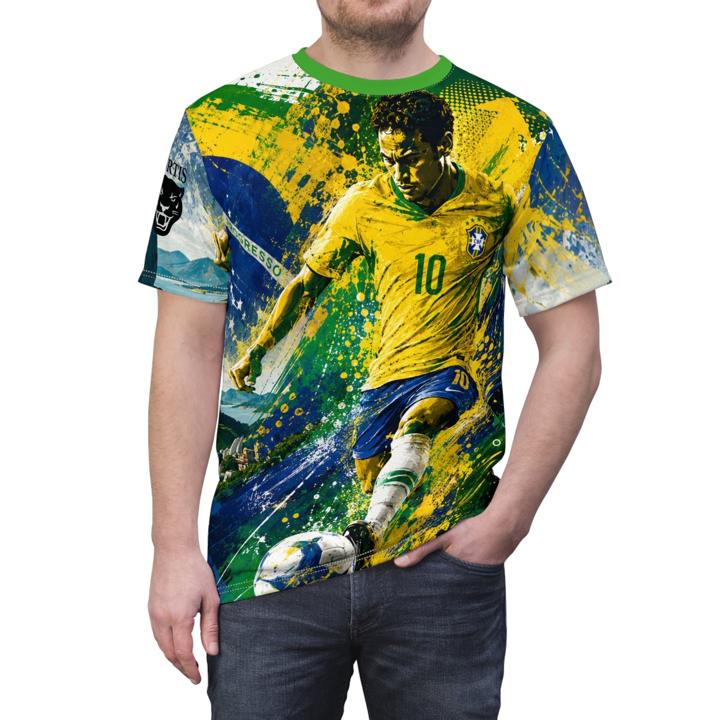 Brazil Soccer Player Graphic Tee - Green & Yellow Football Jersey Design