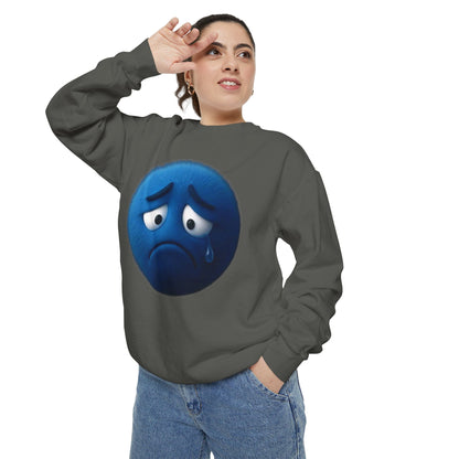 Sad Blue Emoji Sweatshirt – Cute Tear Drop Face Graphic Crewneck