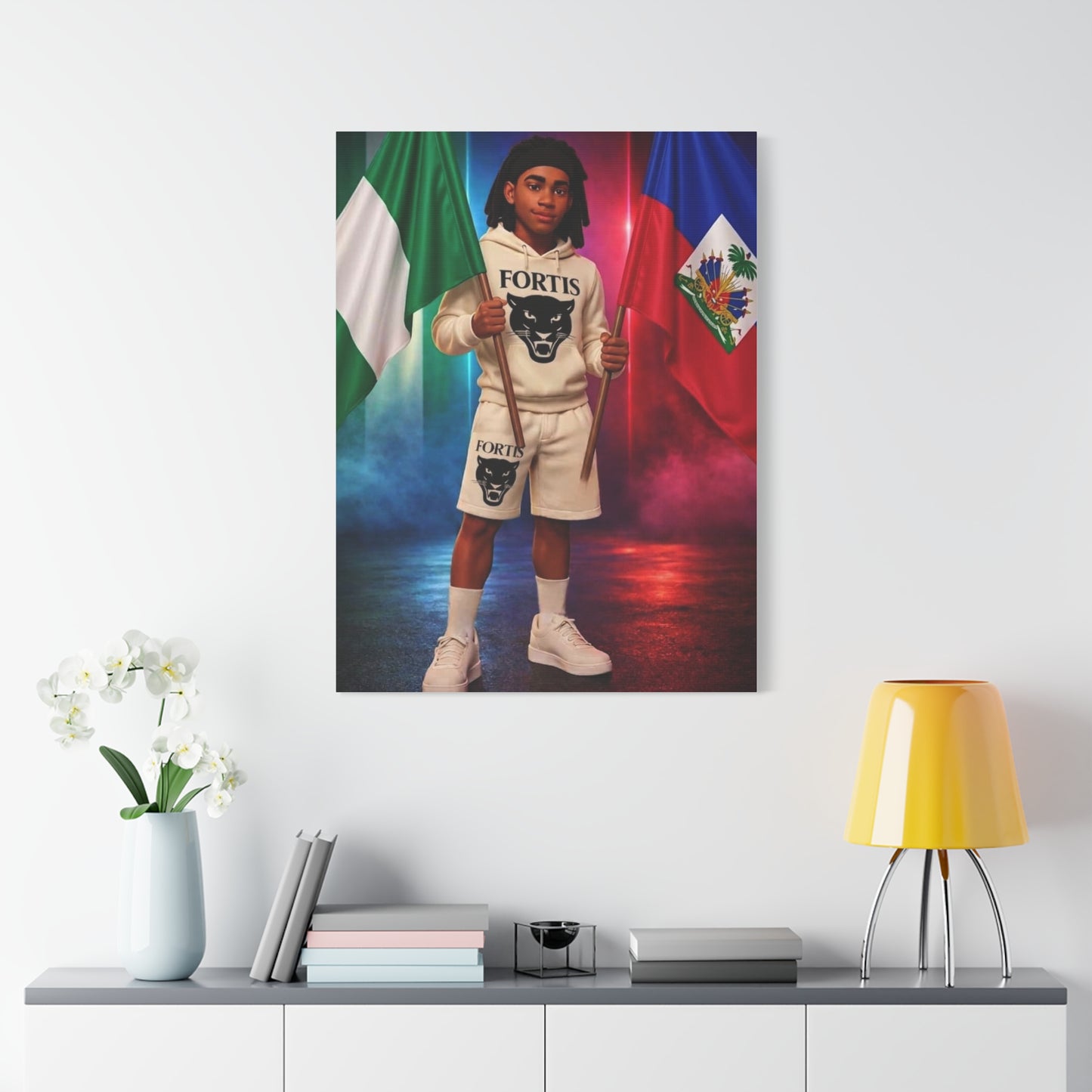 Classic Canvas Portrait Print — Youth Holding Nigeria & Haiti Flags