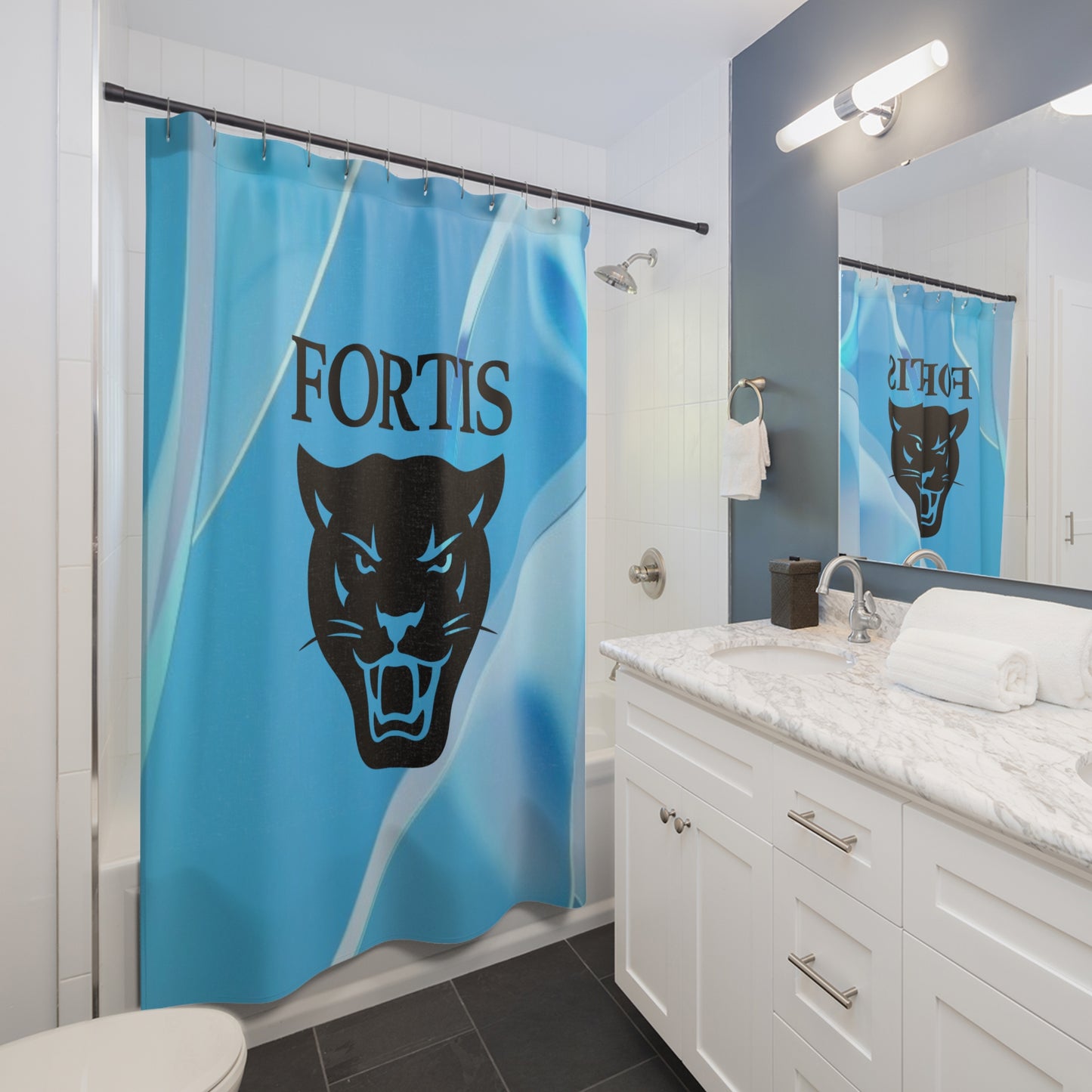 Fortis Panther Blue Shower Curtain — Modern Team Logo Bathroom Decor