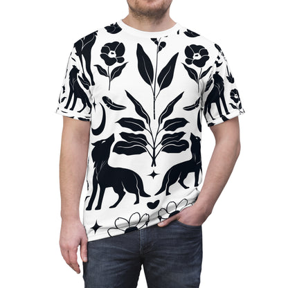 Botanical Fox Pattern Tee — Black & White Floral All-Over Print T-Shirt