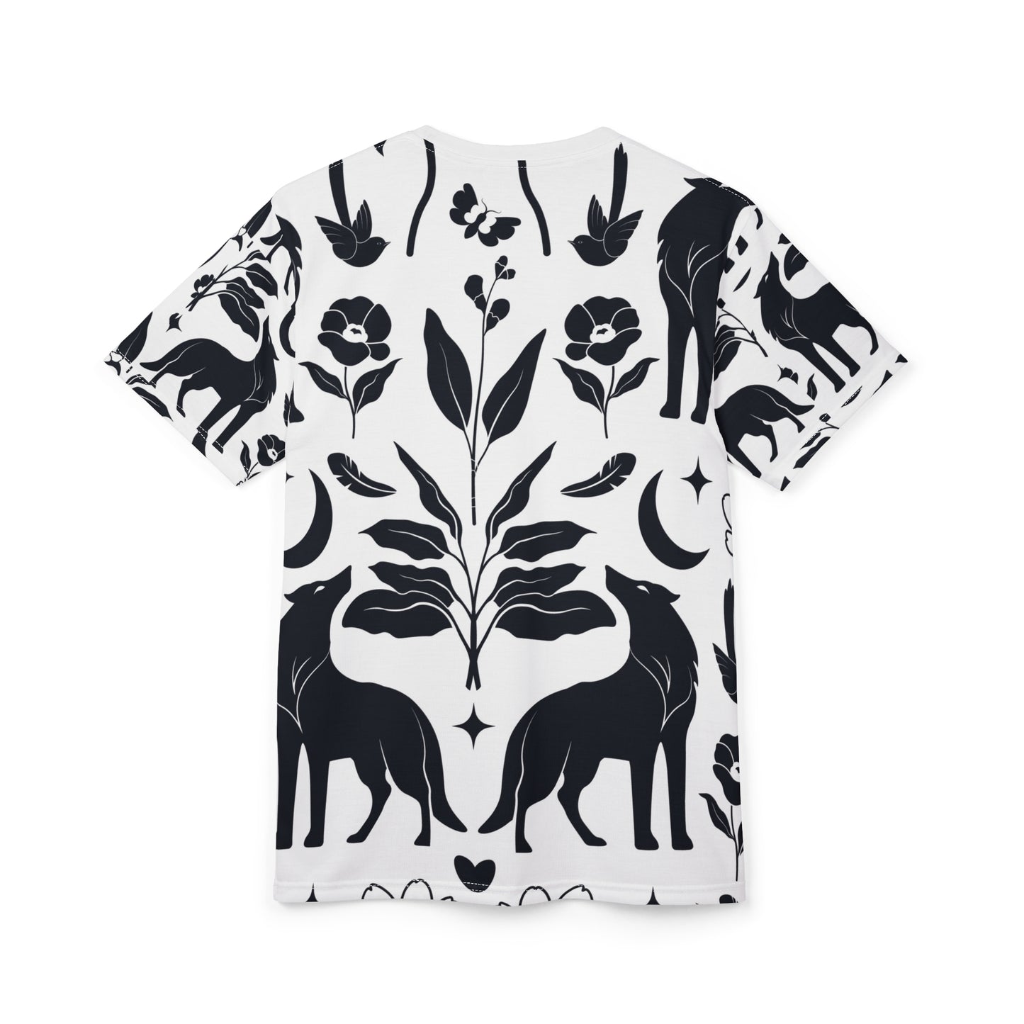 Botanical Fox Pattern Tee — Black & White Floral All-Over Print T-Shirt