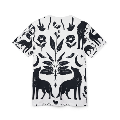 Botanical Fox Pattern Tee — Black & White Floral All-Over Print T-Shirt