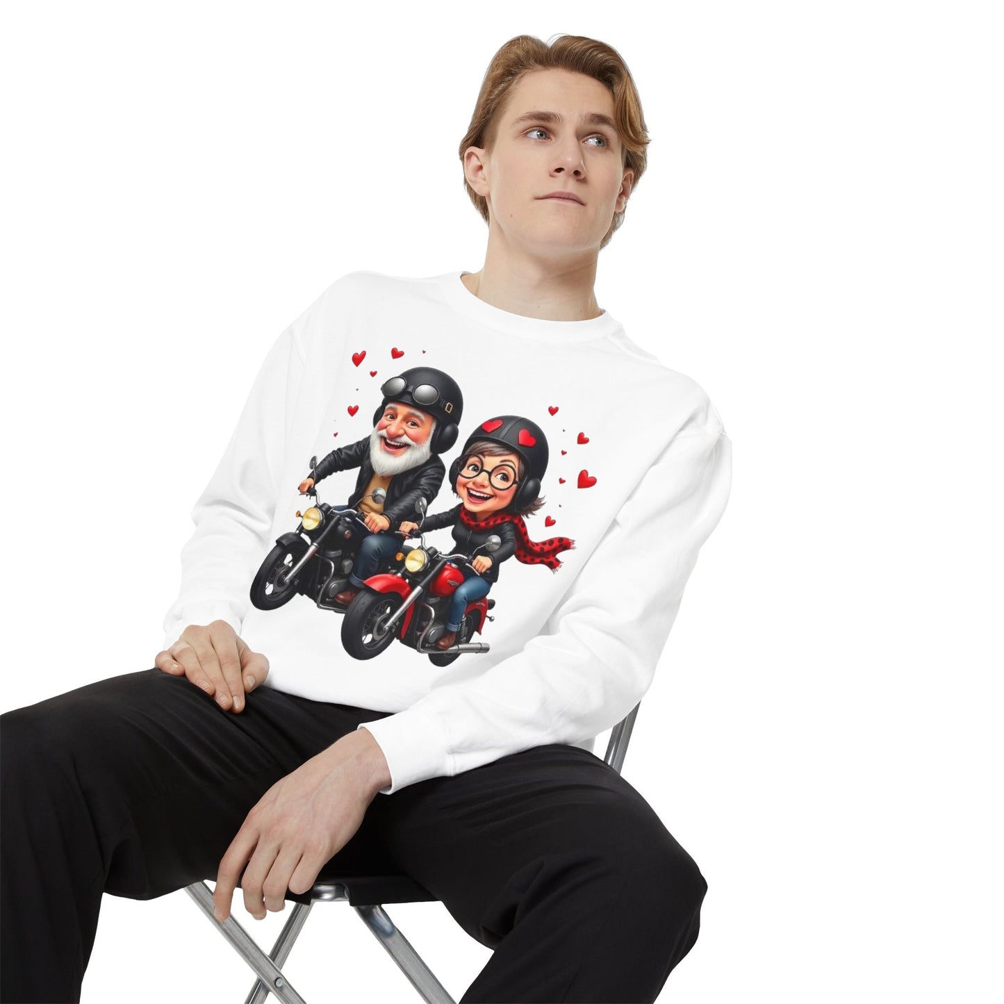 Couple Biker Sweatshirt — Cute Riding Grandparents with Hearts