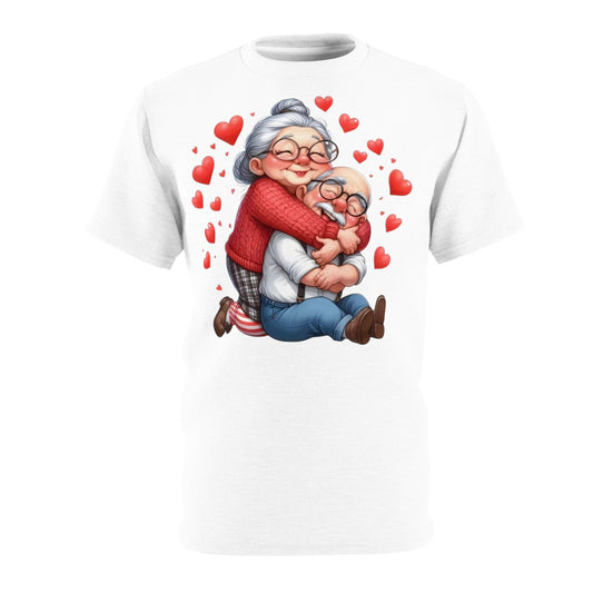Grandma & Grandpa Hug T-Shirt — Cute Elderly Couple Heart Illustration