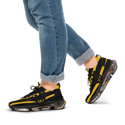 Men's Black & Yellow Striped Mesh Sneakers — Athletic Fashion Shoes with Bold Racing Stripe Design